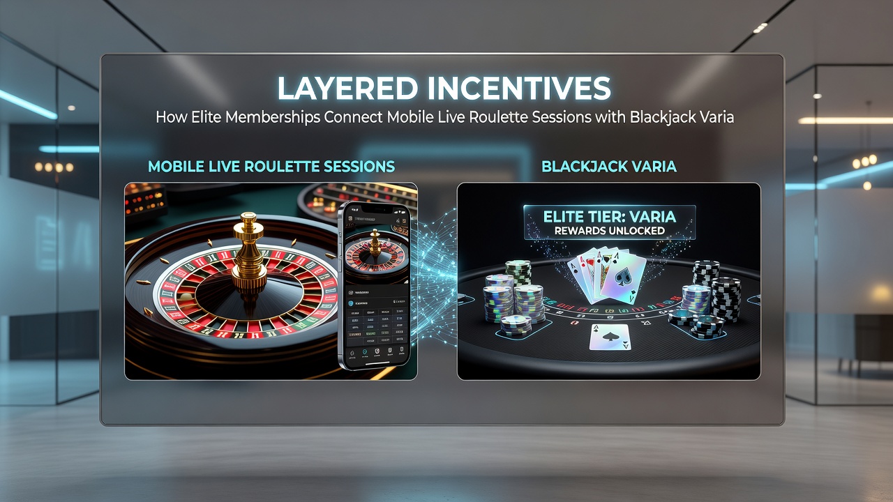 Smartphone screen showing interconnected VIP dashboard with roulette, blackjack, and sports betting sections highlighted