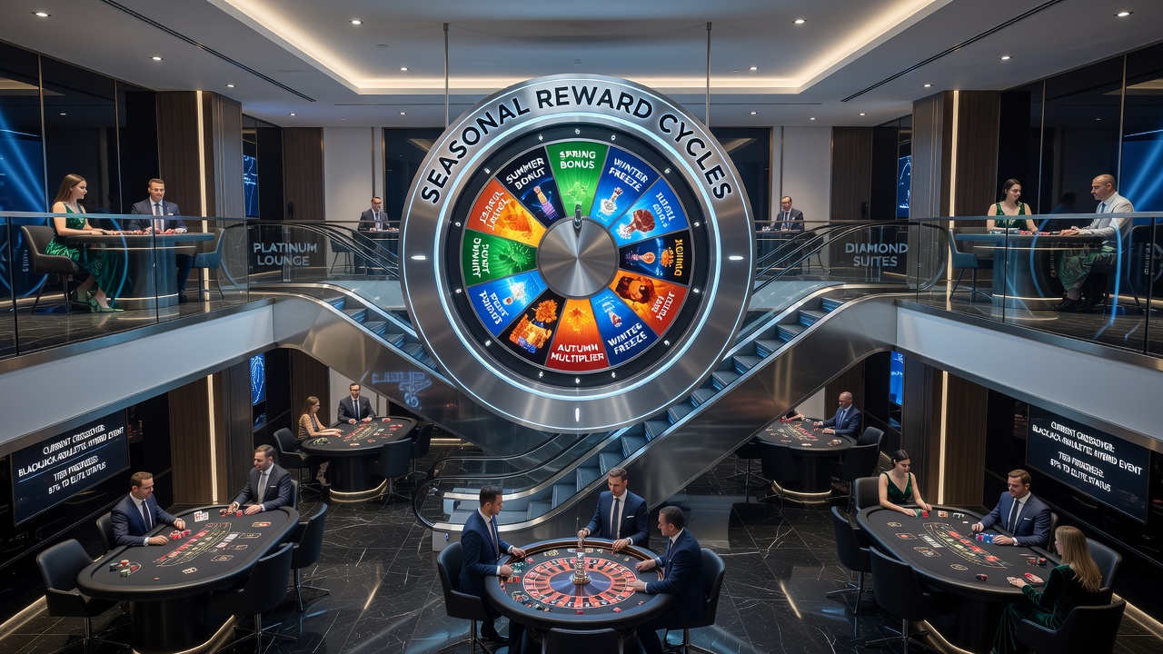 Blackjack and roulette tables within an exclusive tiered club setting during a seasonal promotion
