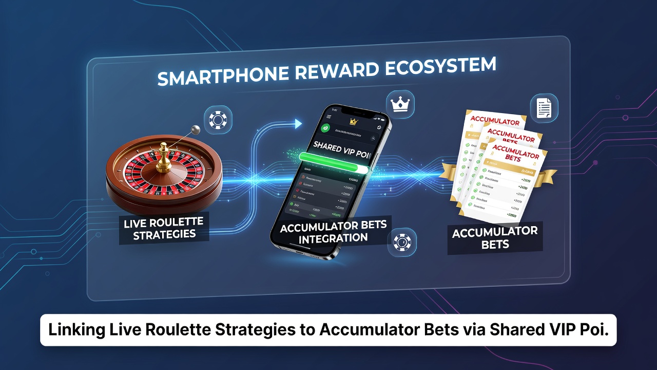 Mobile app interface showing VIP points flowing between roulette table and sports accumulator builder