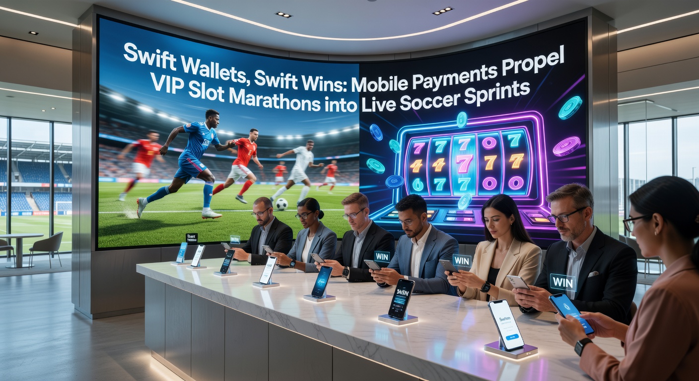 Dynamic graphic of a smartphone displaying a swift e-wallet transaction, VIP slot reels spinning on one side, and live soccer betting interface with in-play odds on the other