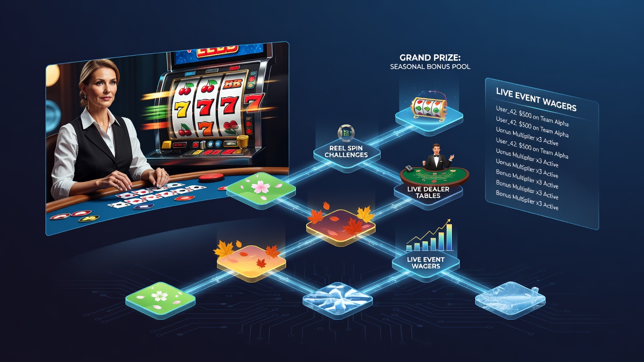 Player progression screen on a handheld device linking slot reels, live blackjack, and in-play betting