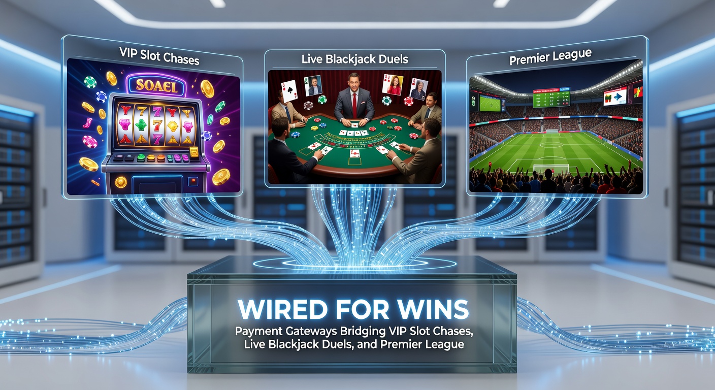 Dynamic graphic of payment gateway flow connecting mobile icons for slot reels, blackjack cards, soccer ball, and Premier League stadium with lightning-fast transaction arrows